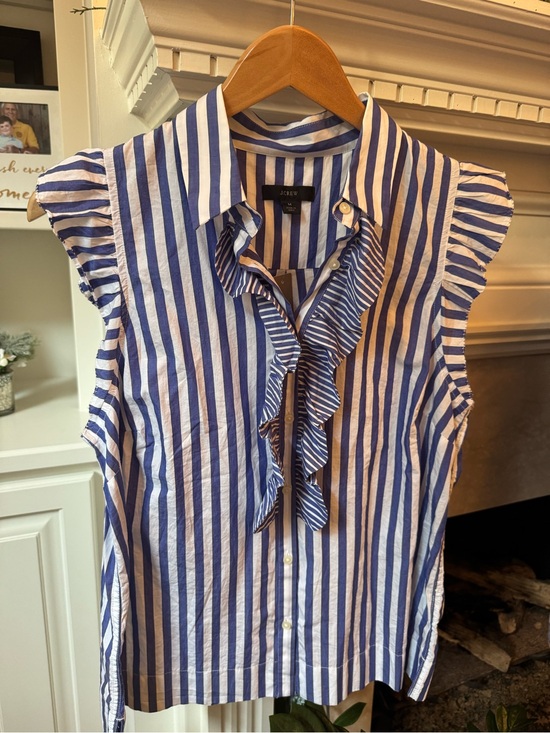 J. Crew Tops - J. Crew Navy and White Striped Ruffle Front Sleeveless Blouse. Size M. NWT.